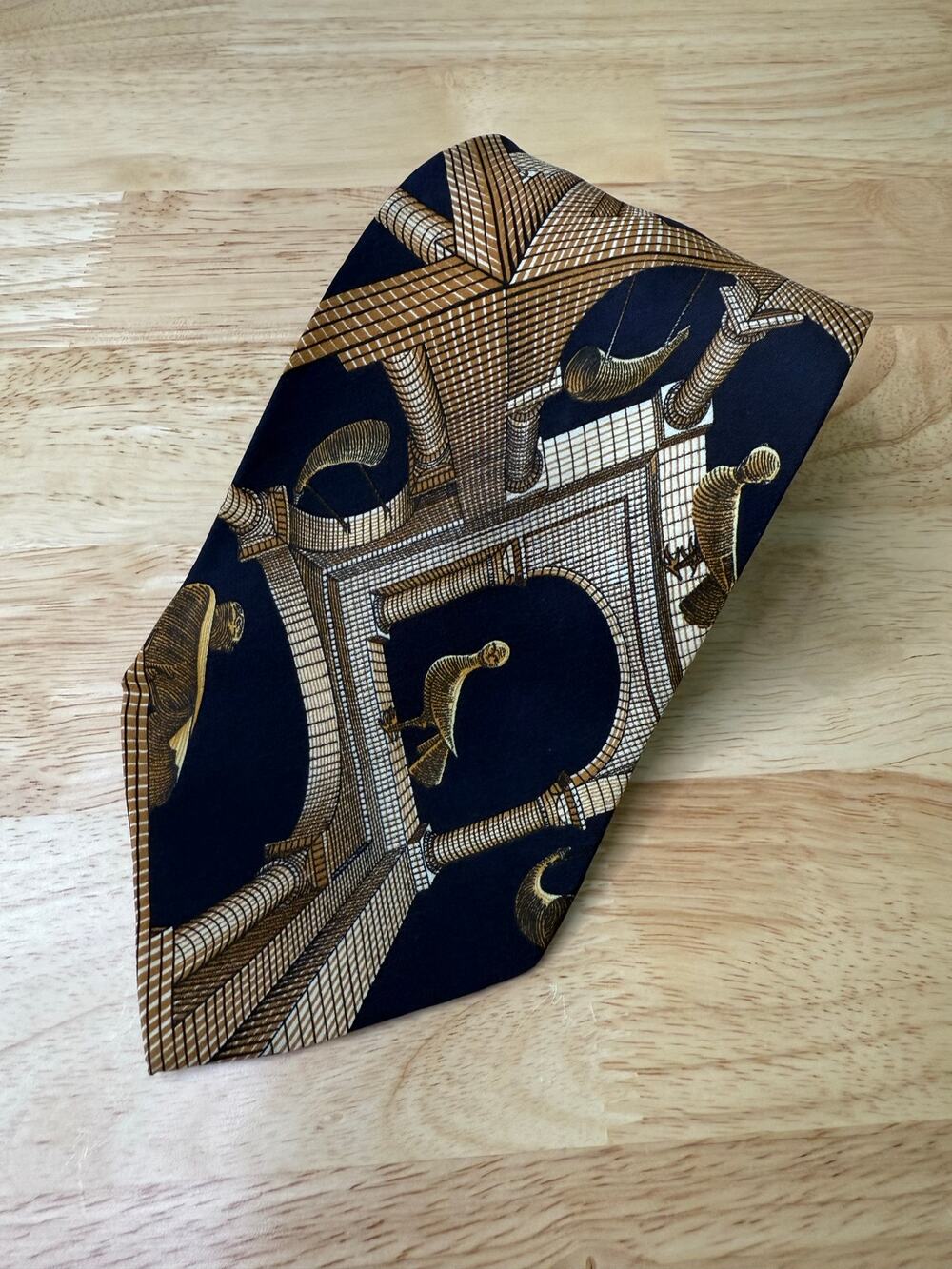 100% Silk Men's Neck Tie Made in Italy M.C. Escher Gold Navy Abstract JL